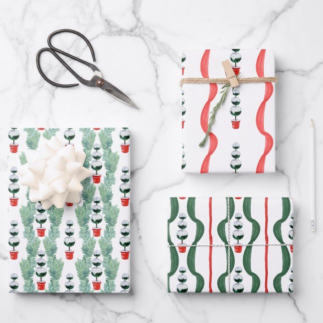 Feuille De Papier Cadeau Aquarelle Rouge et vert Topiaire de Noël (Recto)
