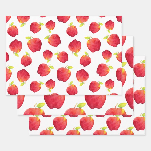 Feuille De Papier Cadeau Aquarelle Rouge Motifs de pomme (Lot)