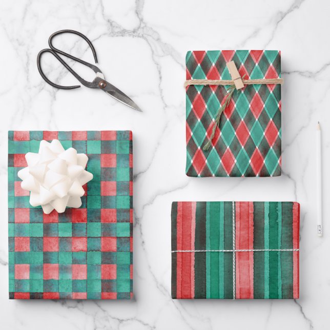Feuille De Papier Cadeau Aquarelle Rouge Vert Plaid Festif Motif de vacance (Recto)