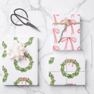Feuille De Papier Cadeau Aquarelle Ruban rayé Wreath Noël