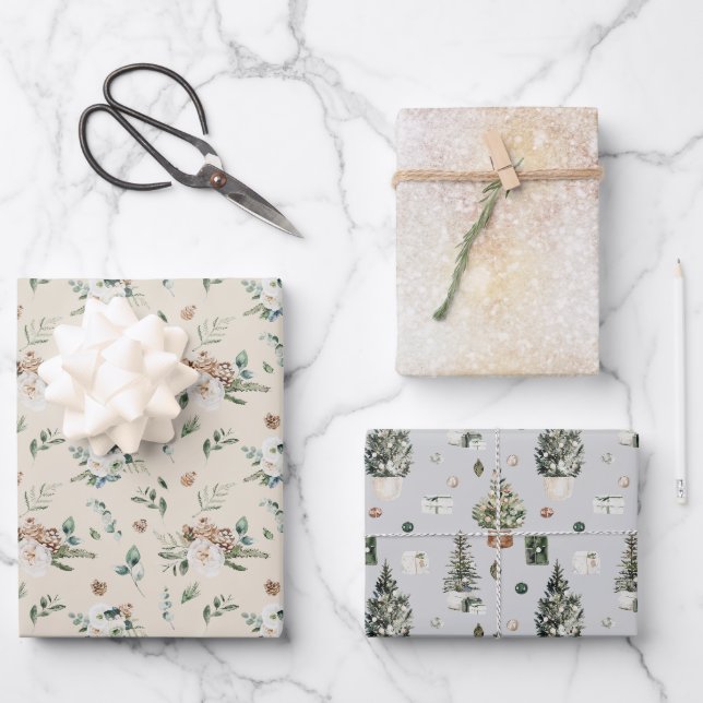 Feuille De Papier Cadeau Aquarelle rustique Arbre de Noël Floral (Recto)