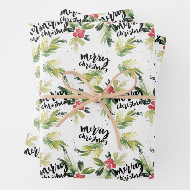 Feuille De Papier Cadeau Aquarelle rustique Holly Motif Joyeux Noël (En situation)