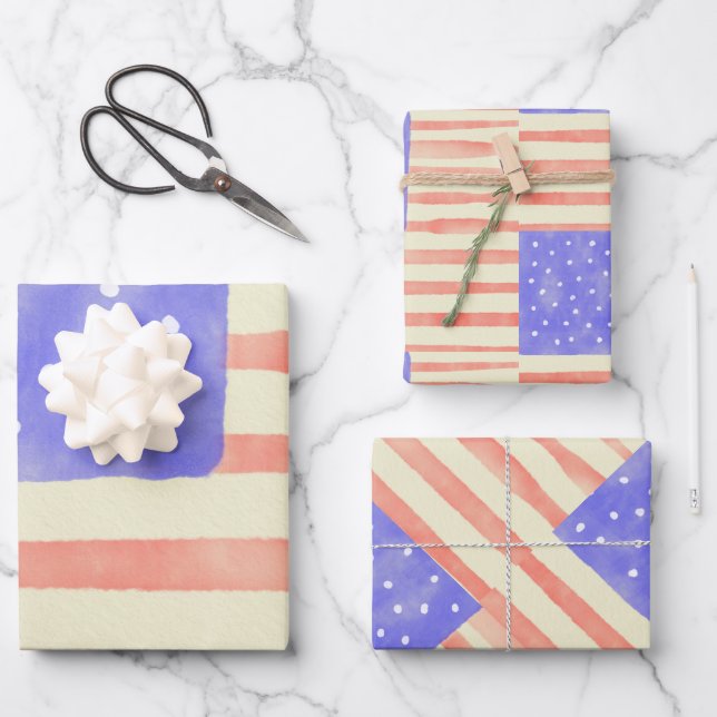Feuille De Papier Cadeau Aquarelle rustique USA drapeau américain (Recto)