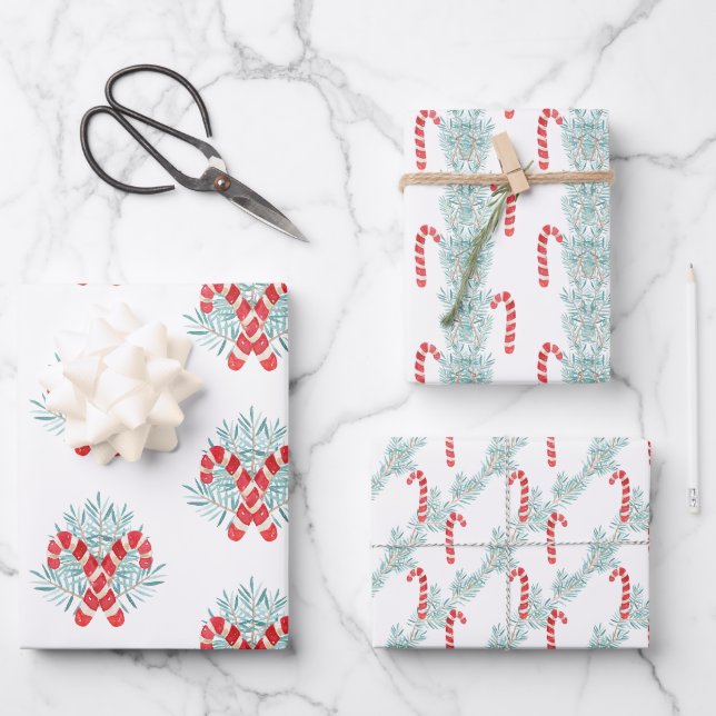 Feuille De Papier Cadeau Aquarelle Sucre de canne de Noël Garland (Recto)