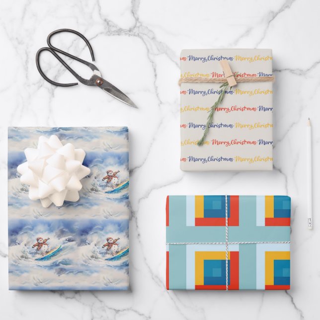 Feuille De Papier Cadeau Aquarelle Surf Snowman (Recto)