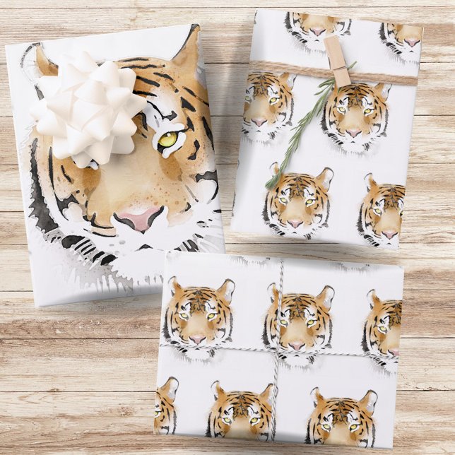Feuille De Papier Cadeau Aquarelle Tigre Tête Animal (Créateur téléchargé)