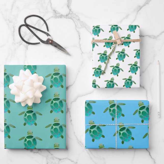 Feuille De Papier Cadeau Aquarelle Tortues de mer Cadeau Wrap Trio (Recto)