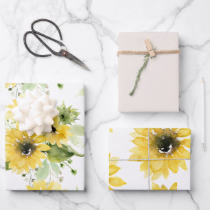 Feuille De Papier Cadeau Aquarelle Tournesol premier anniversaire