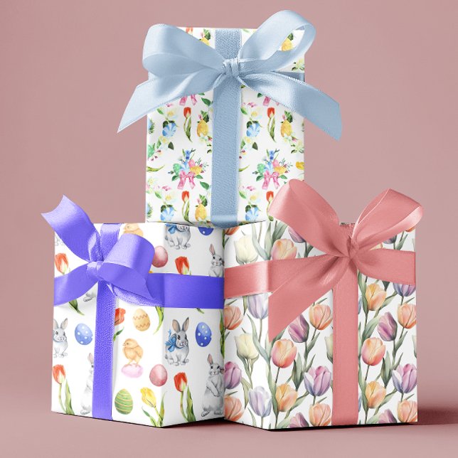 Feuille De Papier Cadeau Aquarelle Tulipes lapins de Pâques (Créateur téléchargé)
