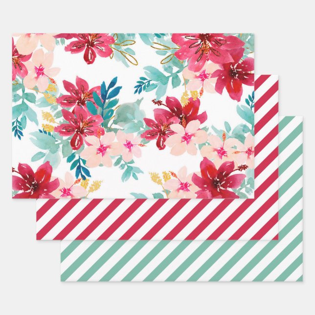 Feuille De Papier Cadeau Aquarelle Turquoise rouge Vert floral (Lot)