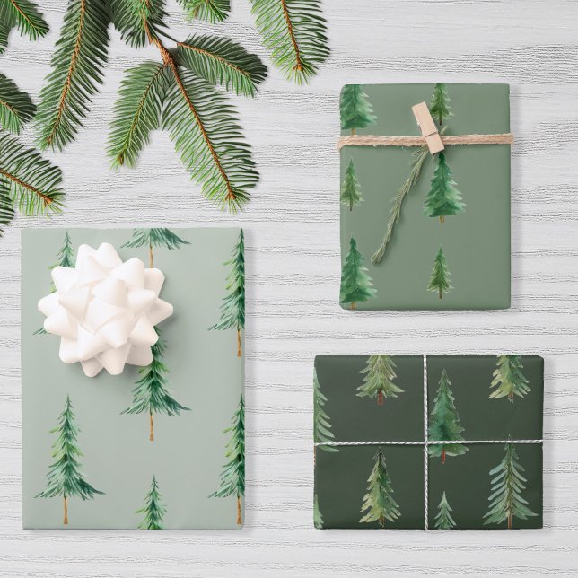 Feuille De Papier Cadeau Aquarelle verte moderne sapin de Noël (Créateur téléchargé)