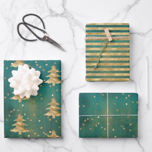 Feuille De Papier Cadeau Aquarelle verte turquoise Arbre de Noël Or   (Recto)