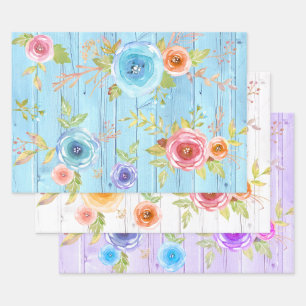 Feuille De Papier Cadeau Aquarelle vintage florale bleu pays bois rustique