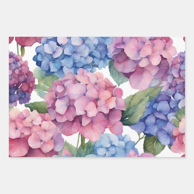 Feuille De Papier Cadeau Aquarelle violet, bleu, rose Fleurs d'Hydrangée (Devant)
