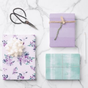 Feuille De Papier Cadeau Aquarelle violette et Turquoise Fleurs et subtiles