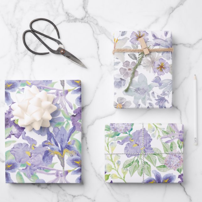 Feuille De Papier Cadeau Aquarelle violette jaune Iris (Recto)