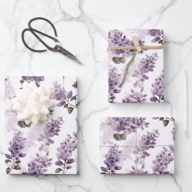 Feuille De Papier Cadeau Aquarelle violette Lilac Floral (Recto)