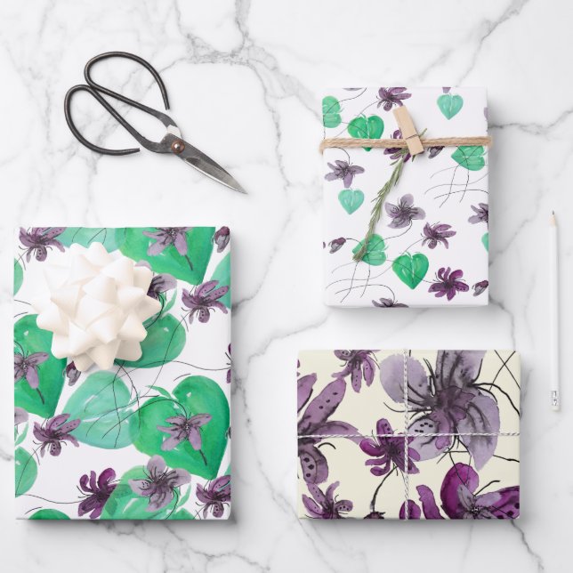 Feuille De Papier Cadeau Aquarelle violette sauvage peinte à la main (Recto)