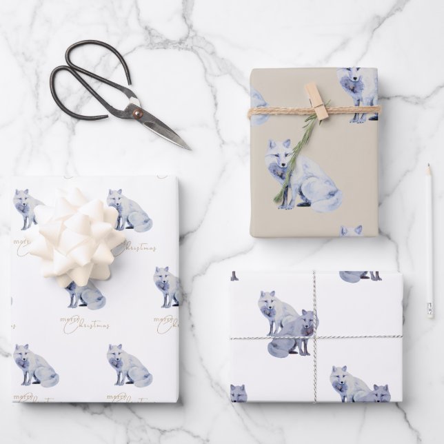 Feuille De Papier Cadeau Aquarelle White Arctic Fox Noël (Recto)