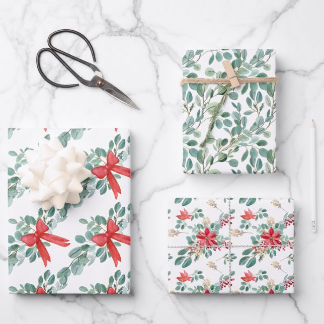 Feuille De Papier Cadeau Aquarelles de Noël de Poinsettia (Recto)