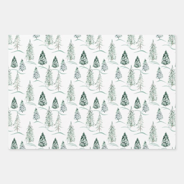Feuille De Papier Cadeau Aquarelles de Noël. Forêt d'hiver. (Devant)