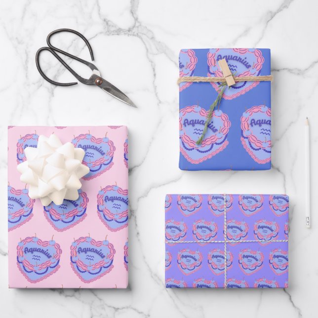 Feuille De Papier Cadeau Aquarius Zodiac Coquette Coeur gâteau d'anniversai (Recto)