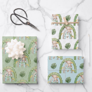 Feuille De Papier Cadeau Arbre à singe jaune vert Baby shower arc en ciel