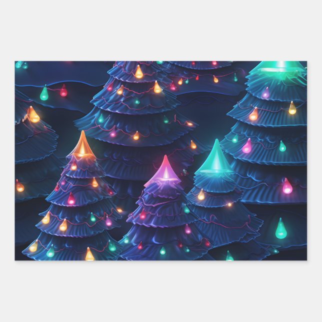 Feuille De Papier Cadeau Arbre de Noël 3D et lumières (Devant)