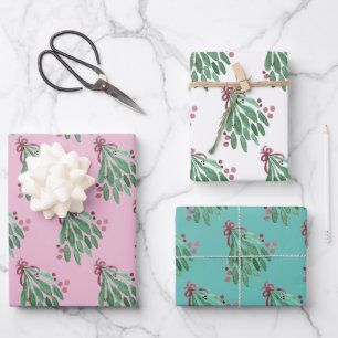 Feuille De Papier Cadeau Arbre de Noël aquarelle main et ruban rose sarcell