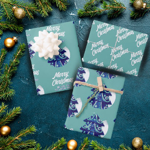 Feuille De Papier Cadeau Arbre de Noël Arbre Artistique Bleu Joyeux Script