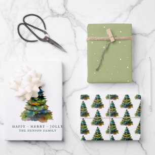 Feuille De Papier Cadeau Arbre de Noël artistique Aquarelle Joyeux Jolly