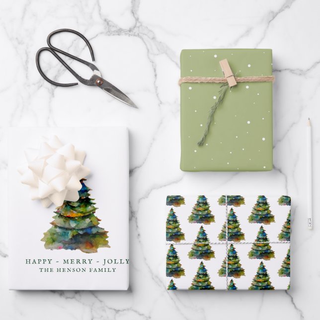 Feuille De Papier Cadeau Arbre de Noël artistique Aquarelle Joyeux Jolly (Recto)