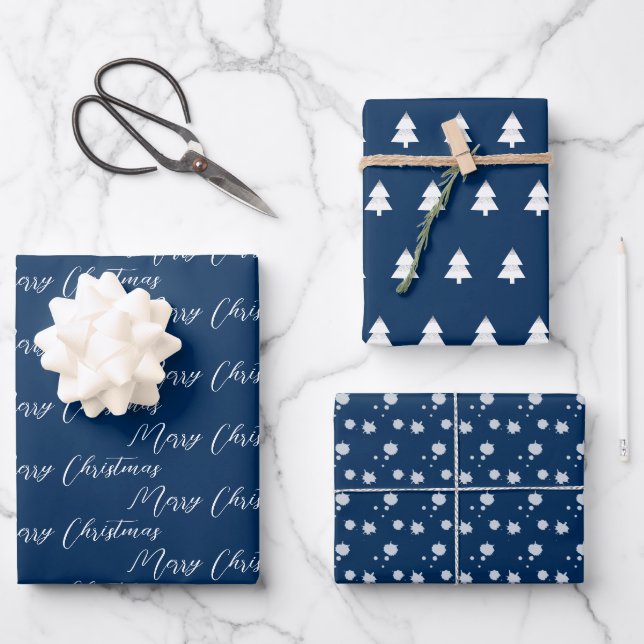 Feuille De Papier Cadeau Arbre de Noël blanc bleu marine et moderne (Recto)