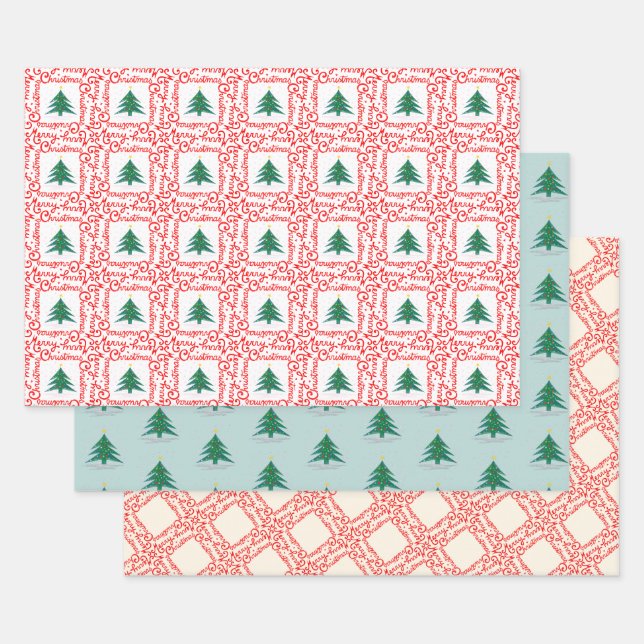 Feuille De Papier Cadeau Arbre de Noël blanc et rouge personnalisable (Lot)