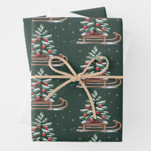 Feuille De Papier Cadeau Arbre de Noël de vacances traîneau flocons de neig