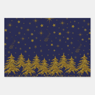 Feuille De Papier Cadeau Arbre de Noël en or brillant, étoiles, neige sur b