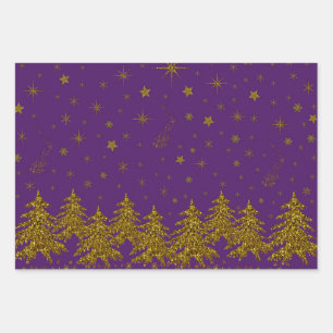 Feuille De Papier Cadeau Arbre de Noël en or brillant, étoiles, neige sur v