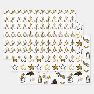 Feuille De Papier Cadeau Arbre De Noël Et Étoiles Minimalistes Noir Et Or