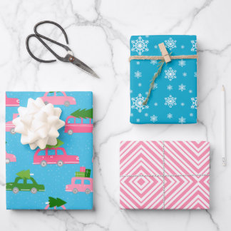 Feuille De Papier Cadeau Arbre de Noël moderne et voiture en Bleu rose rayu