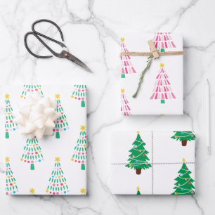 Feuille De Papier Cadeau Arbre de Noël moderne Whimsical Jeu de 3