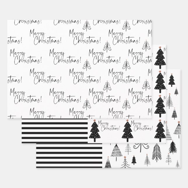 Feuille De Papier Cadeau Arbre de Noël noir et blanc (Lot)