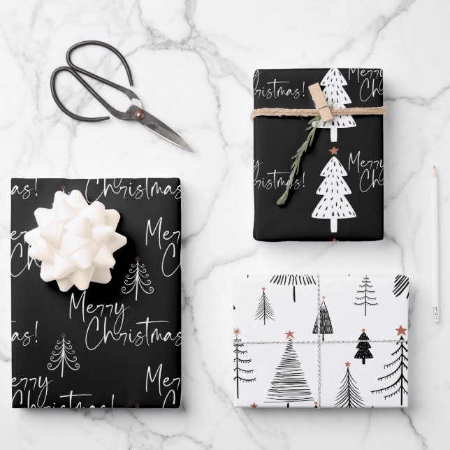 Feuille De Papier Cadeau Arbre de Noël noir et blanc (Recto)
