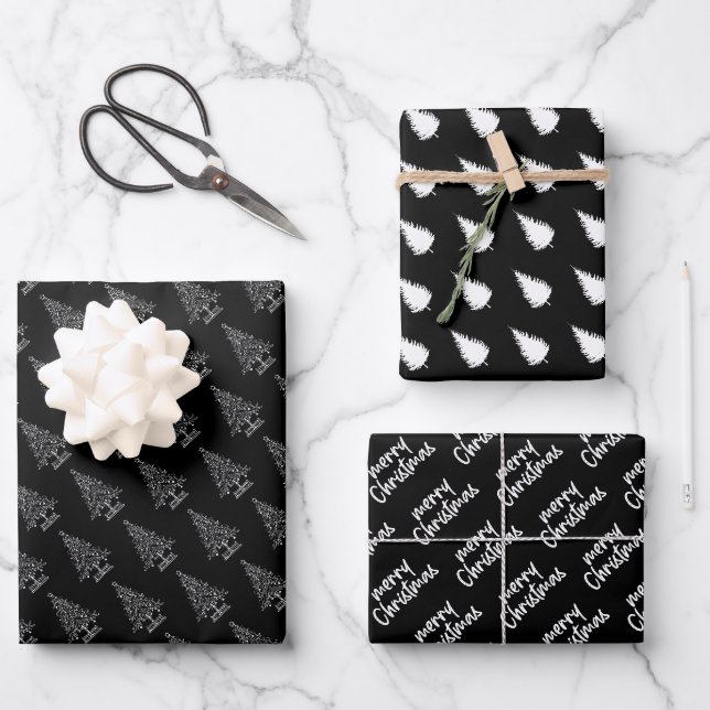Feuille De Papier Cadeau Arbre de Noël noir et blanc élégant (Recto)