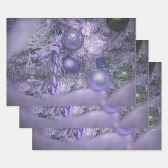 Feuille De Papier Cadeau Arbre de Noël Ornements Élégants Violet Vacances (Lot)
