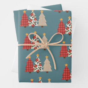 Feuille De Papier Cadeau Arbre de Noël Patchwork Vintage Plaid Rouge Fêtes