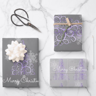 Feuille De Papier Cadeau Arbre de Noël pourpre et flocons de neige