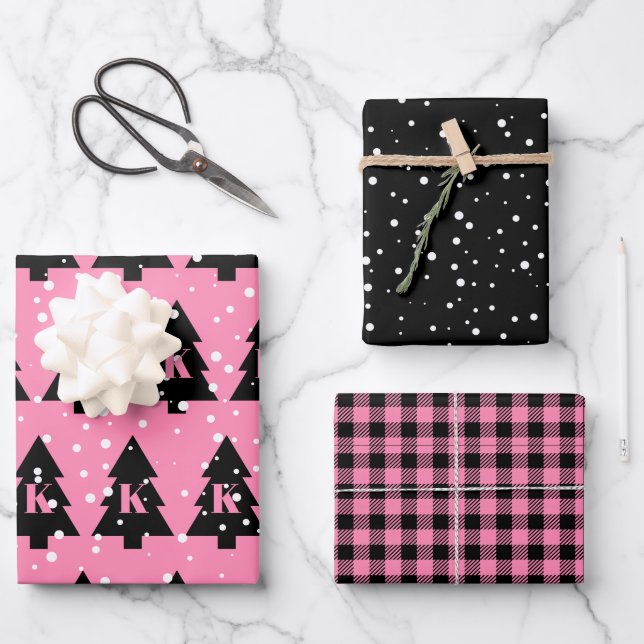 Feuille De Papier Cadeau Arbre de Noël rose et noir (Recto)