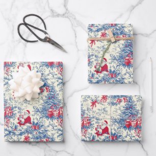 Feuille De Papier Cadeau Arbre de Noël Rouge et Bleu Père Noël Retro