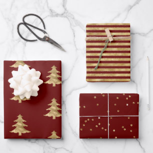 Feuille De Papier Cadeau Arbre de Noël Rouge or rayures