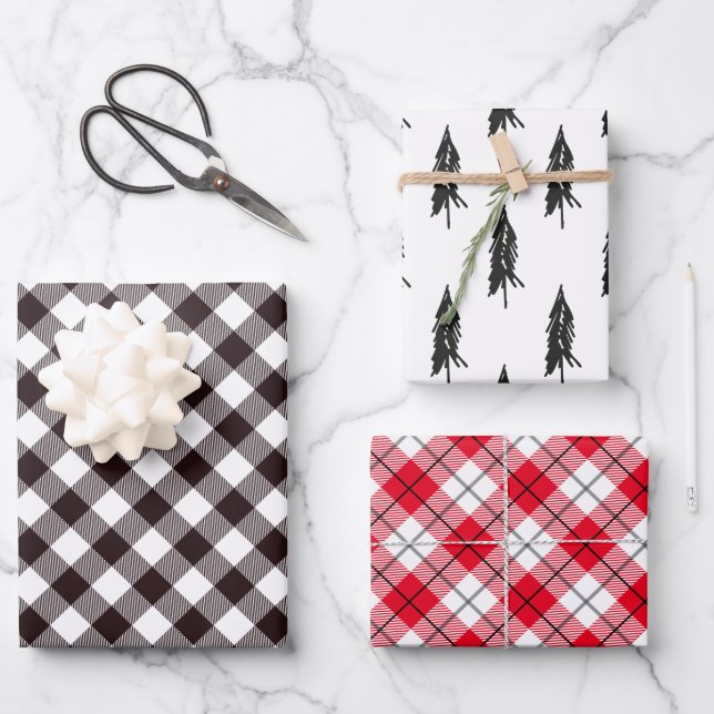 Feuille De Papier Cadeau Arbre de Noël Rustique Flannel (Recto)